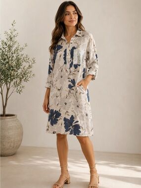 NT flower print midi dress one size 100-% linen
